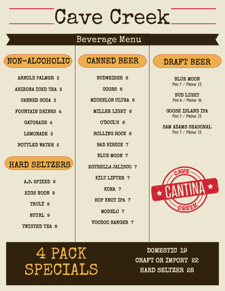 Cave Creek Menu