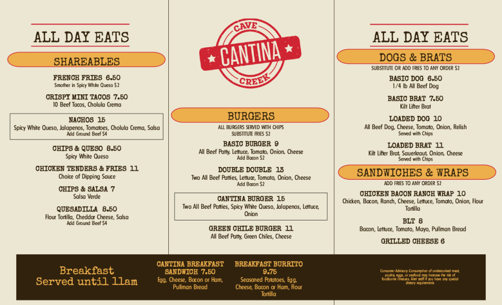 Cave Creek Menu